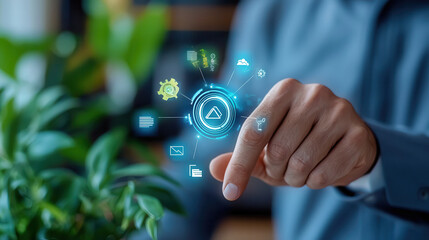 Fototapete - businessman in modern office interacting with virtual technology, showcasing digital icons and data visualization. scene conveys innovation and professionalism