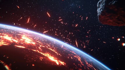 Wall Mural - Asteroid impact idea. A vibrant view of Earth amidst asteroid activity and fiery debris in outer space.