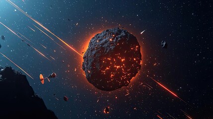 Wall Mural - Asteroid impact idea. A stunning digital rendering of a fiery asteroid in deep space, surrounded by debris.