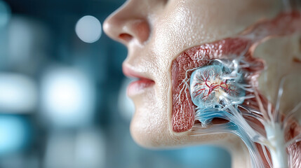 Poster - detailed anatomical view of human neck, showcasing intricate structures of muscles, veins, and arteries. This cross sectional image highlights complexity of human anatomy and its functions