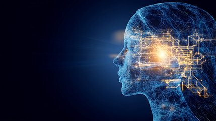 Poster - artificial intellect digital human with circuit board brain on dark background futuristic tech innov