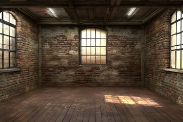 Wall Mural - Empty brick loft interior, sunlit windows, urban background