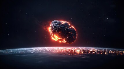 Wall Mural - asteroid impact concept. a striking comet casts fiery light over earth in a cosmic landscape.