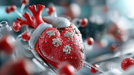 Poster - detailed visualization of heart with cells and particles, showcasing complexity of cardiovascular health and disease. This evokes sense of scientific exploration and medical advancement
