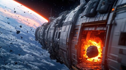 Wall Mural - asteroid impact idea. a futuristic spacecraft navigating through an asteroid field in deep space.