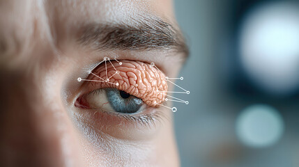 Poster - close up view of human eye with detailed representation of brain overlay, showcasing connection between vision and cognitive function