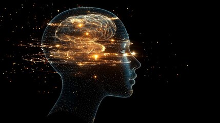 Poster - Human Brain Concept with Flowing Energy and Light Particles Visualization