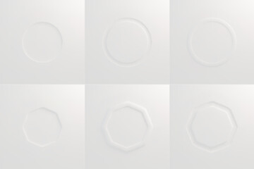 Poster - White embossed circular and octagon frames on light background. Minimalist geometric shapes with subtle relief, raised borders and soft shadows. Clean design elements for modern presentation mockup.