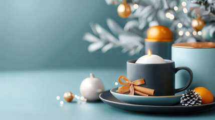 Aufkleber - cozy flat lay featuring candle in cup, cinnamon sticks, and festive ornaments, creating warm holiday atmosphere