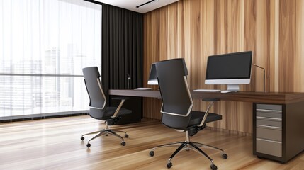 Poster - Modern office interior featuring sleek desks, ergonomic chairs, and a city skyline view