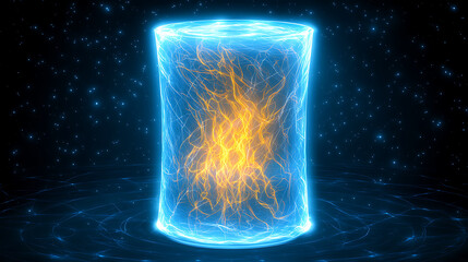 Poster - Blue Energy Cylinder with Orange Electrical Discharges surrounded by a Starry Night Sky