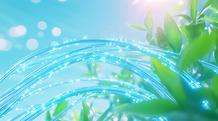Poster - blue fiber optic cables weaving through lush green foliage symbolizing sustainable connectivity