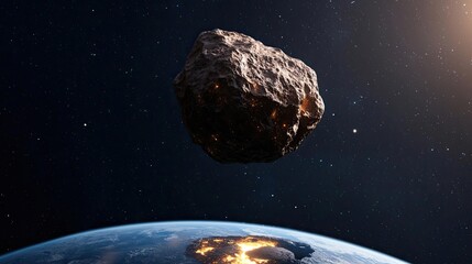 Wall Mural - Asteroid impact idea. Asteroid approaching Earth with a dramatic view of blue planet and explosive impact.