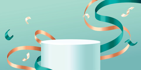 Poster - White podium display with swirling green and golden ribbons on mint background. Elegant product stand surrounded by flowing streamers. Modern minimalist presentation platform for luxury showcase.