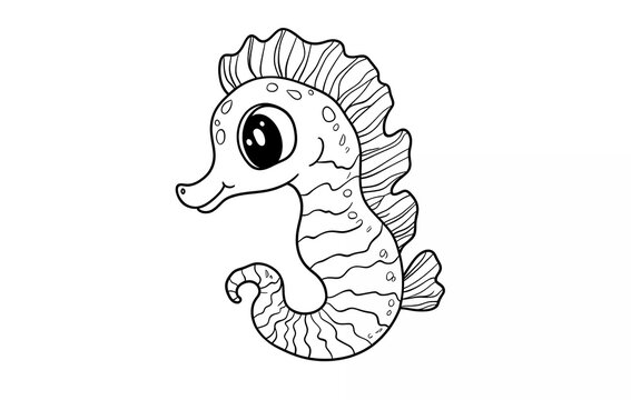 Cute cartoon green seahorse coloring page, vector illustration on a white background. Simple design, cute style, simple line art, coloring book for kids.