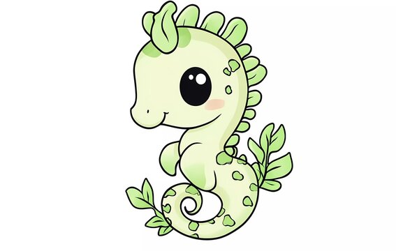 Cute cartoon green seahorse coloring page, vector illustration on a white background. Simple design, cute style, simple line art, coloring book for kids.
