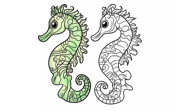 Cute cartoon green seahorse coloring page, vector illustration on a white background. Simple design, cute style, simple line art, coloring book for kids.