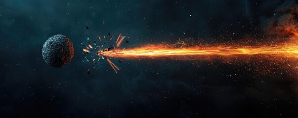 Wall Mural - Asteroid impact concept. Explosive cosmic event with an asteroid and fiery energy beam in outer space.