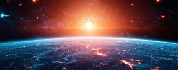 Wall Mural - asteroid impact concept. a stunning view of earth from space with rising sun illuminating the horizo