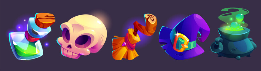 Aufkleber - Game witch icons set with magic potion bottle, glowing skull, broom stick, purple wizard hat with buckle, bubbling cauldron with brewing green poison. Magical items design for fantasy rpg interface.