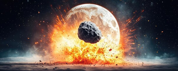Wall Mural - Asteroid impact idea. A dramatic asteroid impact on the moon, showcasing explosive energy and cosmic beauty.