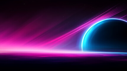Poster - celestial horizon a glowing planet with glowing rings in a nebula style sci fi landscape