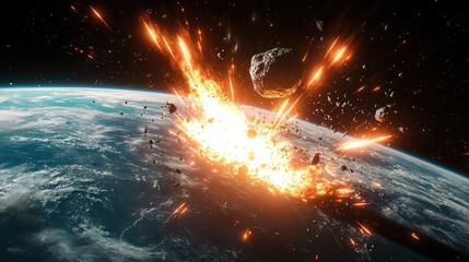 Wall Mural - asteroid impact idea. a dramatic asteroid impact scene showcasing destruction and cosmic energy.