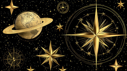 Wall Mural - Celestial Navigation Golden Globe Compass Rose Stars Cosmic Exploration Artistic Illustration