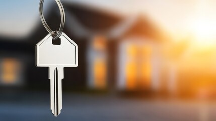 Wall Mural - A close-up of a key on a keychain in front of a house during sunset, symbolizing new beginnings