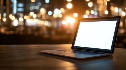 Poster - Modern laptop on a wooden table in a softly lit cafe, showcasing blank screen and warm ambiance