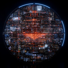 Poster - Circular Futuristic Cityscape Digital Rendering Featuring Glowing Tree in a Dark Environment