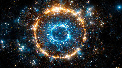 Poster - circular technological nexus of futuristic data transfer and information flow system display
