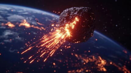 Wall Mural - asteroid impact idea. an asteroid approaches earth, emitting sparks as it descends through the atmos