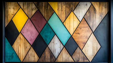 Poster - Colorful Diamond Patterned Wooden Panel Wall Art Geometric Design in Interior Decoration Setting