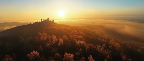 Wall Mural - hohenzollern castle under morning sun. fairytale sunrise scene with historic architecture above a mi