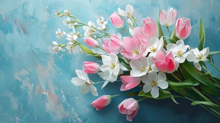 Canvas Print - A bouquet of pink and white spring flowers on a smooth blue surface.