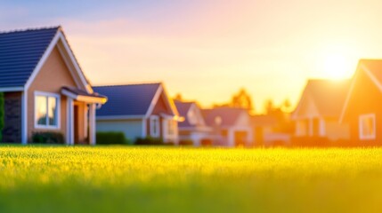 Wall Mural - serene suburban neighborhood at sunset with vibrant grass and warm light illuminating homes