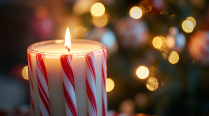 Wall Mural - Candle with candy cane stripes glowing warmly beside a beautifully decorated Christmas tree