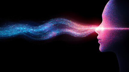 Poster - conceptual human profile with shimmering stream of consciousness and vibrant energy rays radiating