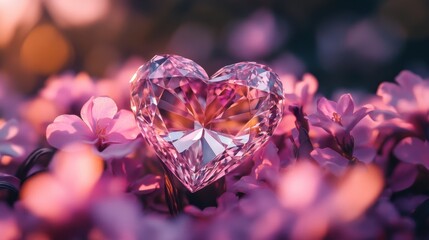 Wall Mural - A diamond heart glowing in a bed of pink and purple blossoms under soft lighting