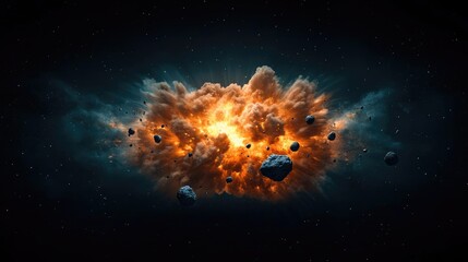 Wall Mural - Asteroid impact idea. An explosion of cosmic energy and debris in a vibrant interstellar background.