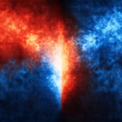 Poster - cosmic cloud collision red meets blue abstract celestial phenomenon space art with stars and dust