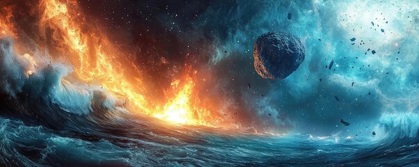 Wall Mural - Asteroid impact idea. A stunning cosmic scene depicting the clash of fire and water in outer space.