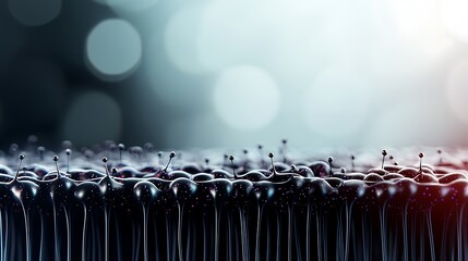 Abstract close-up of glossy black surface with reflective droplets and soft bokeh background