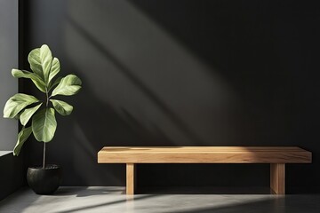 Wall Mural - Modern wooden bench, plant, dark room, sunlight