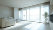 © pattozher - Elegant Living: An airy, modern living room flooded with natural light, minimalist design, a large window, and a calming atmosphere with neutral tones.