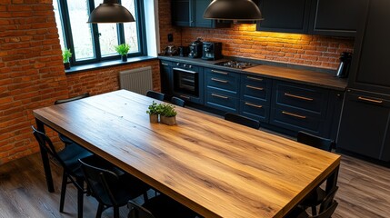 Wall Mural - Modern kitchen interior with wooden dining table, stylish lighting, and brick walls in background