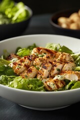 Wall Mural - A delicious meal served in a bowl, featuring grilled chicken breast on top of romaine lettuce with croutons and Parmesan cheese.