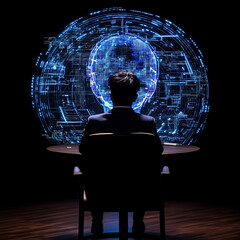 Poster - Cybernetic Global Network Administrator at Control Desk Observing Digital Data Flow Analysis