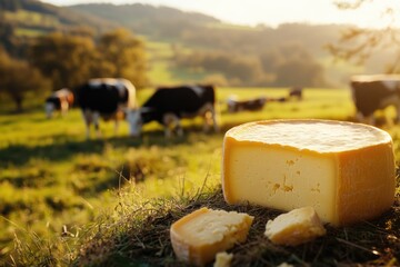 Wall Mural - A block of yellow cheese in a field with grazing cows, evoking a rural, idyllic scene.